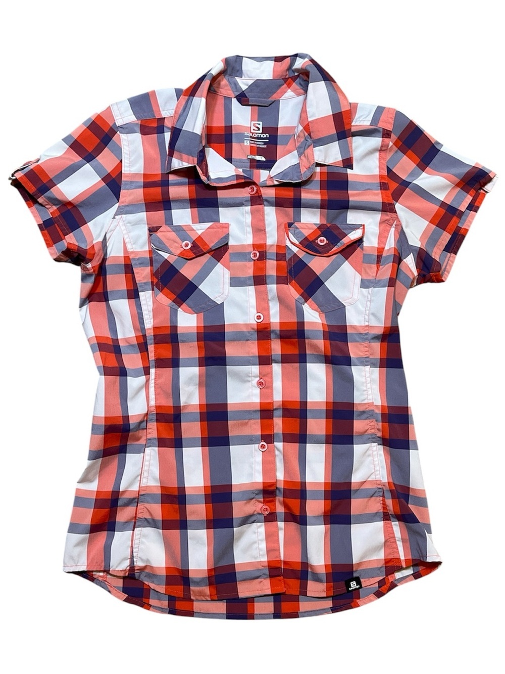 Salomon Actilite Orange Blue Button Down Short Sleeve Shirt Small S Hiking Plaid